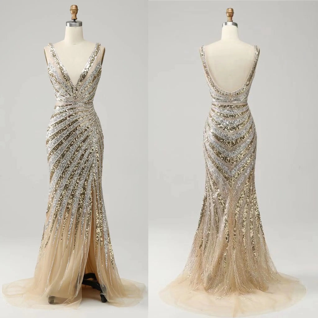 New Women's Gold Beading Long Evening Slit Sleeveless Dress Prom Dresses Party Sexy Sequin Evening Dress
