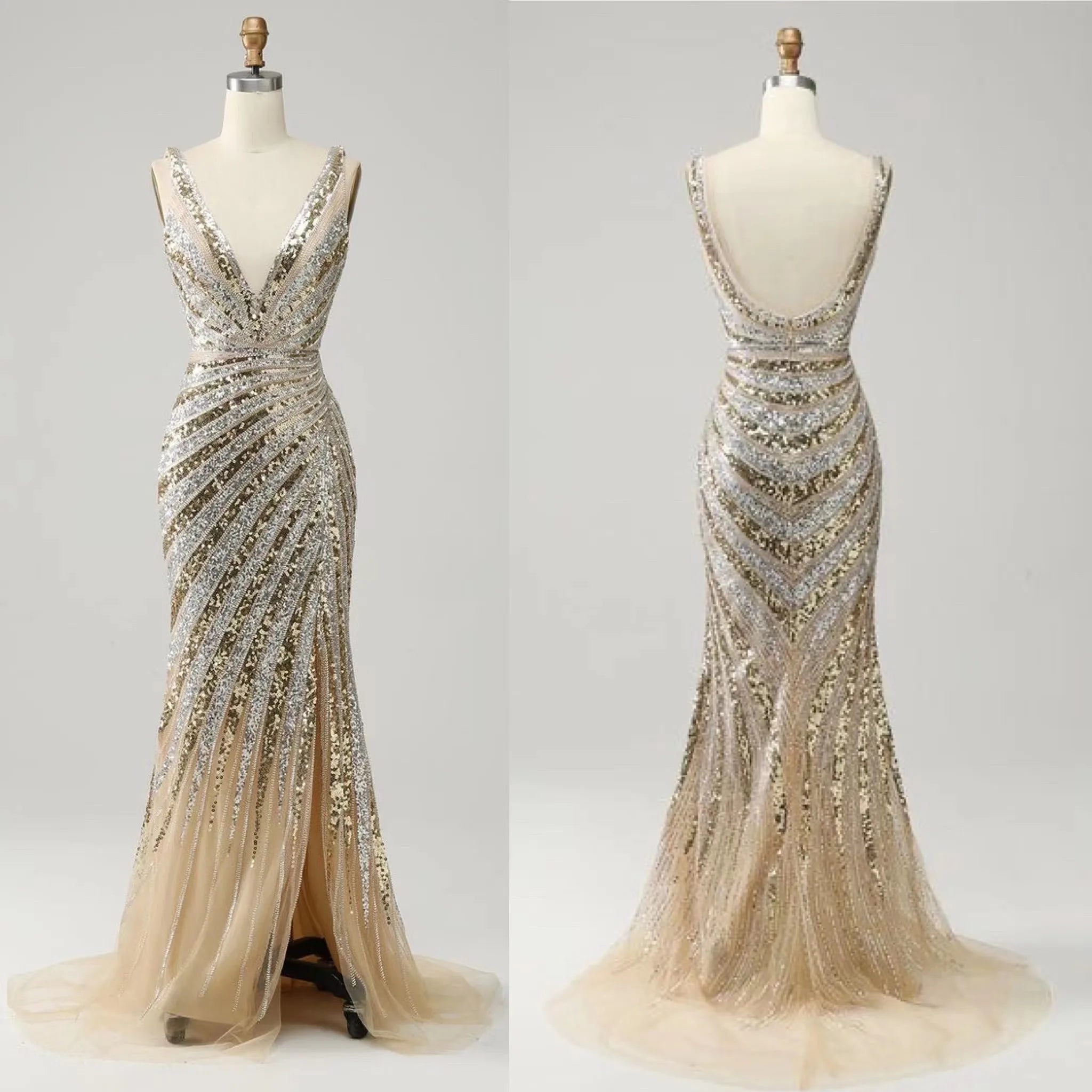 New Women's Gold Beading Long Evening Slit Sleeveless Dress Prom Dresses Party Sexy Sequin Evening Dress