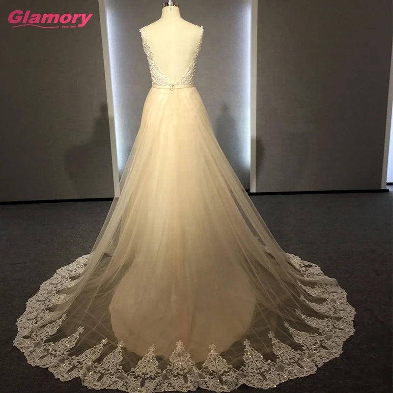 Newest Sleeveless Designer Light Champagne Bride Gowns Gorgeous Lace Long Wedding Dress