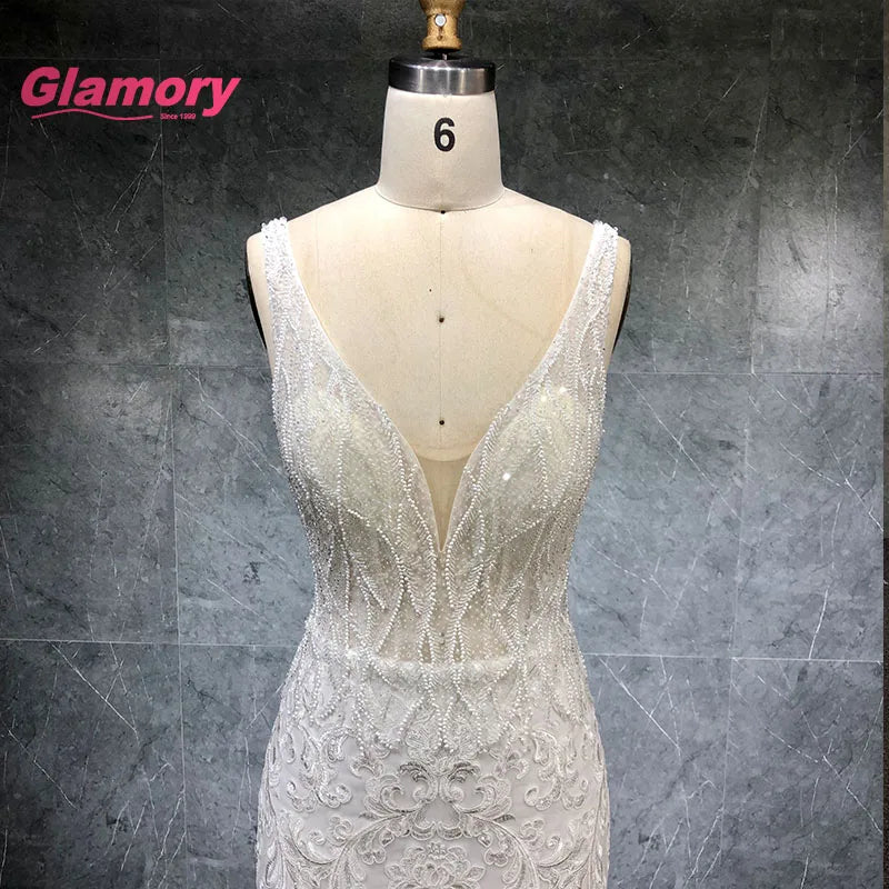 Sexy V-Neck Mermaid Bridal Gowns Heavy Beaded Lace Appliques High Quality Wedding Dress for Bride