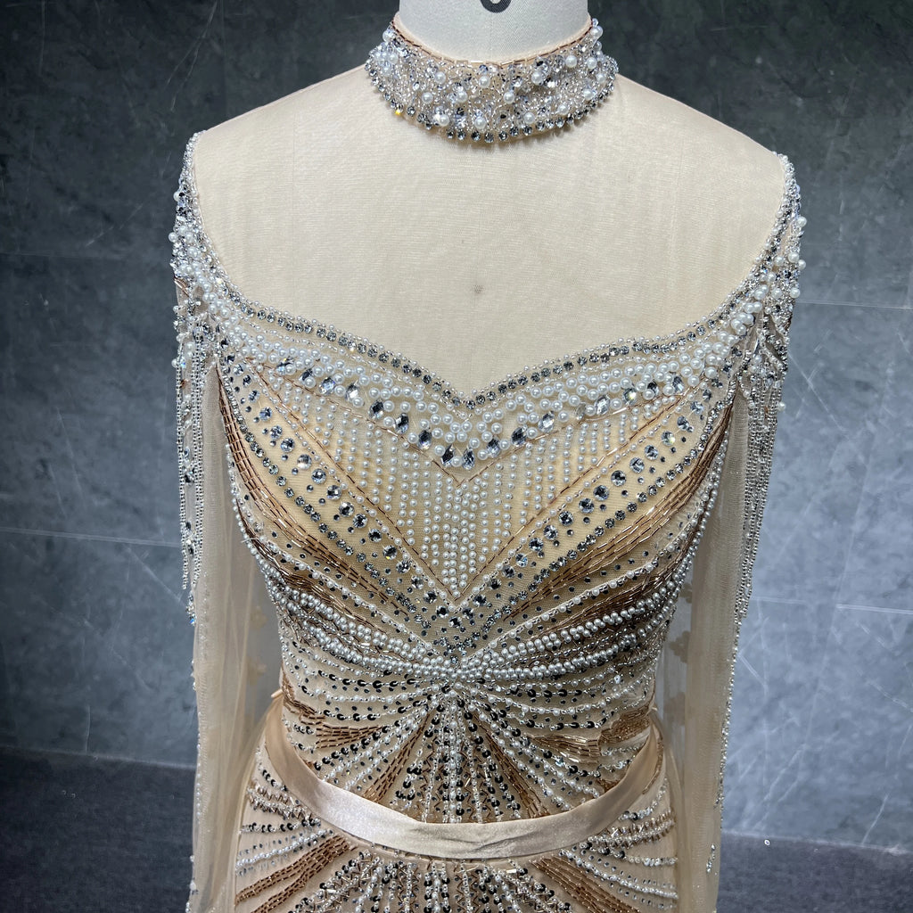 New Arrival Wholesale Muslim Hot Selling Beaded Tassel Mermaid Dubai Arab Ladies Evening Dress Gowns Wedding Party