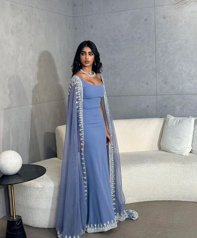 Fog Blue Cape Sleeves Luxury Pakistani Dress Gowns 2023 Mermaid Beaded Elegant for Women Party