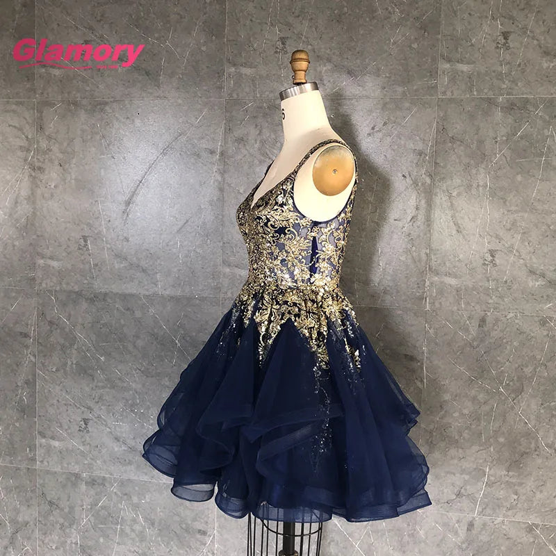 ChaoZhou Factory Sexy V Neck Embroidery Navy Blue Party Dress Mini Short Homecoming Prom Dress