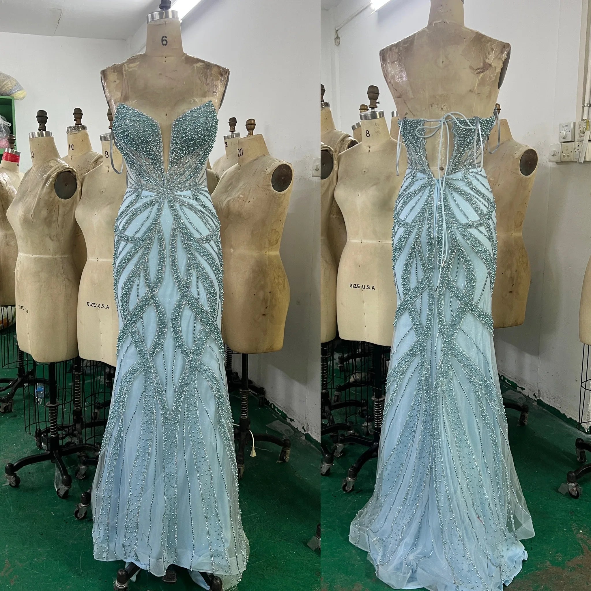 New Arrivals Ladies' Long Floor-Length Prom Dress Blue Sleeveless Beading Natural Waistline Breathable Party Style