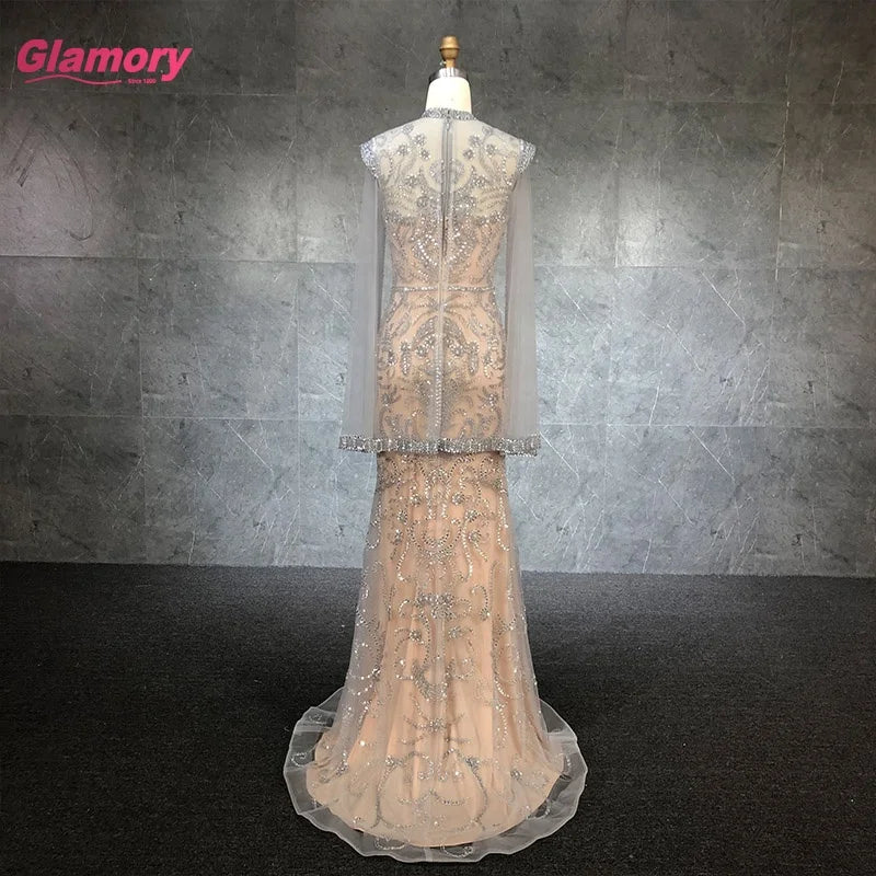 2021 Grey Nude With Cape Mermaid Luxury Evening Dresses Gowns Beading Elegant Sexy  Party Dress for Woman