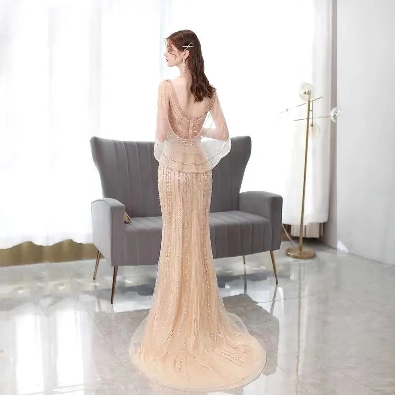 2021 New Fashion Beading Evening Dress Mermaid V Neck Sexy Party Wear Gown With Cape for Women