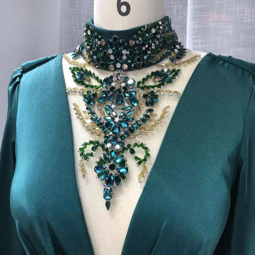 Real Photos Long Sleeve High Neck Green Color Evening Dresses Crystal Beaded Long Prom Party Dresses