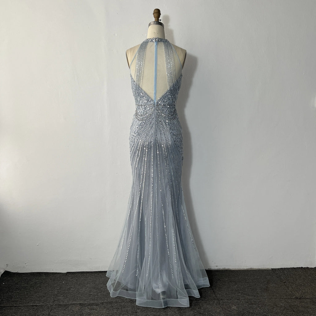 Fashion Party Sexy Halter Neck Crystal Decoration Dubai Dress Luxury Shiny Slim Slimming Beading Banquet Dress