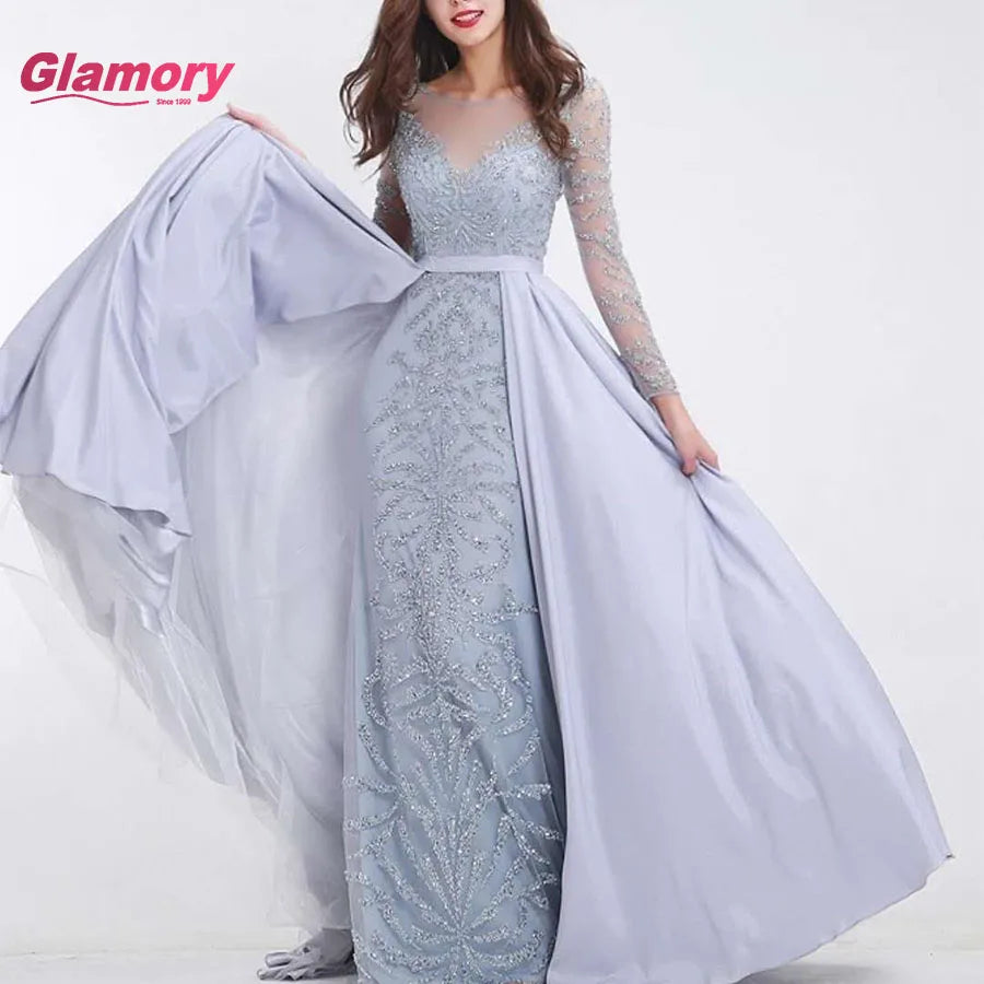 Long Sleeve Muslim Crystal Beaded Satin Tail Evening Dress Women Prom Dresses