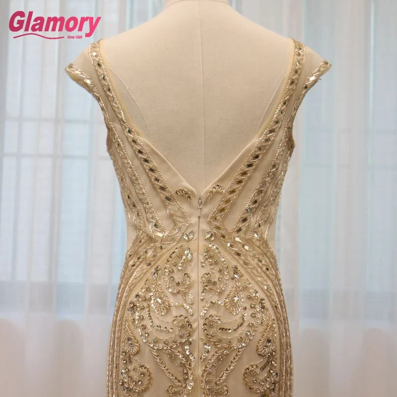 Gold  CapSleeve Party Evening Dress  Luxury Beaded Dress  Gowns for Women