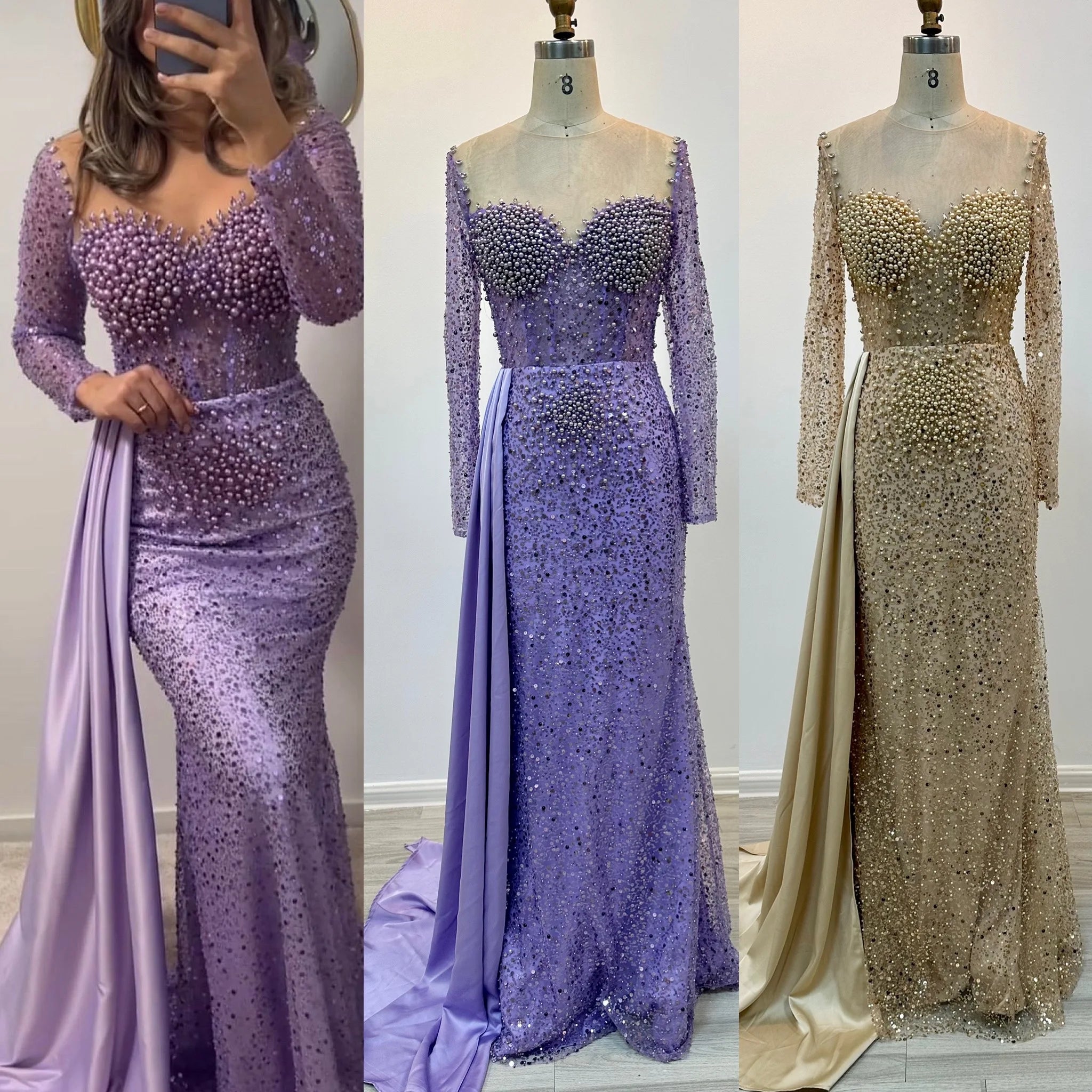 Purple Mermaid Elegant With Overskirt Luxury Pearls Beaded Evening Dresses Gowns for Women Wedding Party