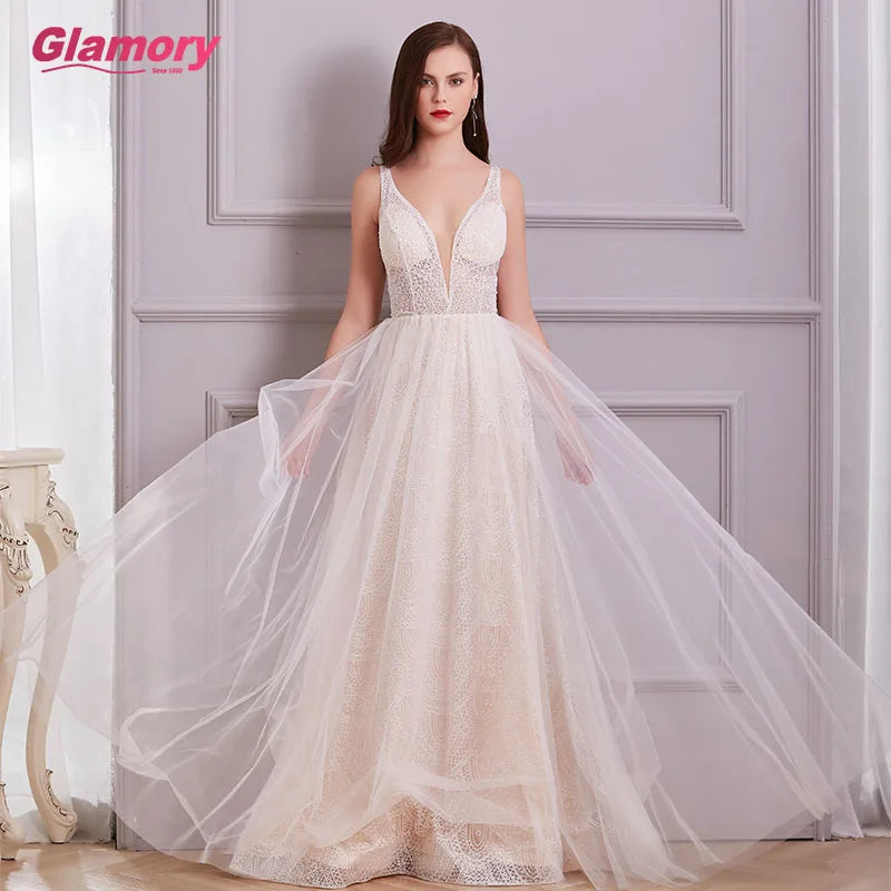 White Dresses Long Sexy See Through Glitter Tulle Prom Floor Length Evening Dress for Women