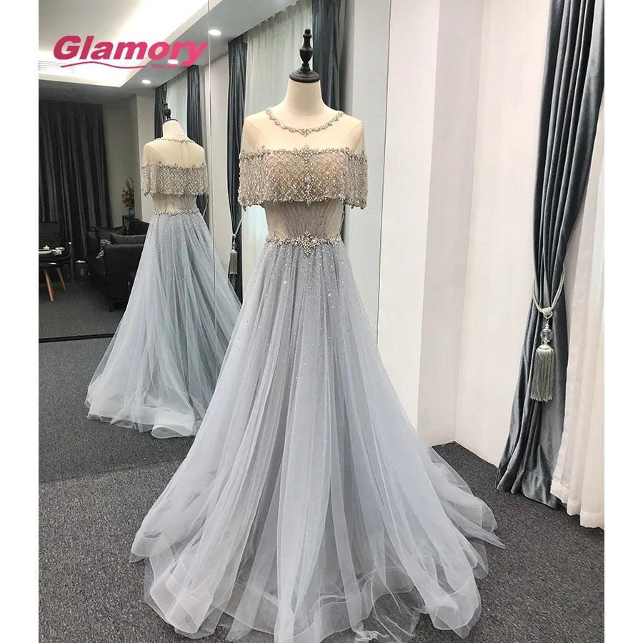 Hot Sale Evening Dresses Light Blue Short Sleeve a Line Party Wear Crystal Beaded Tulle Sexy Prom Dress