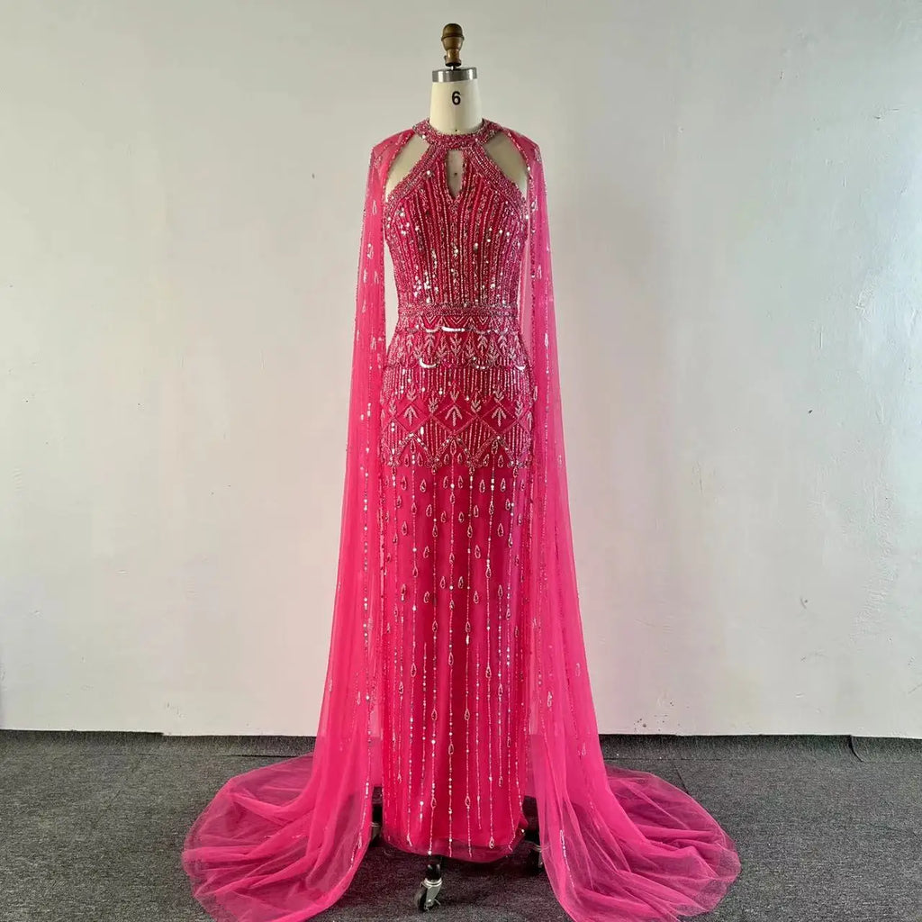NEW Pink Cape Sleeves Mermaid  Beaded Elegant Evening Dresses Luxury Gowns for Women Arabic Party