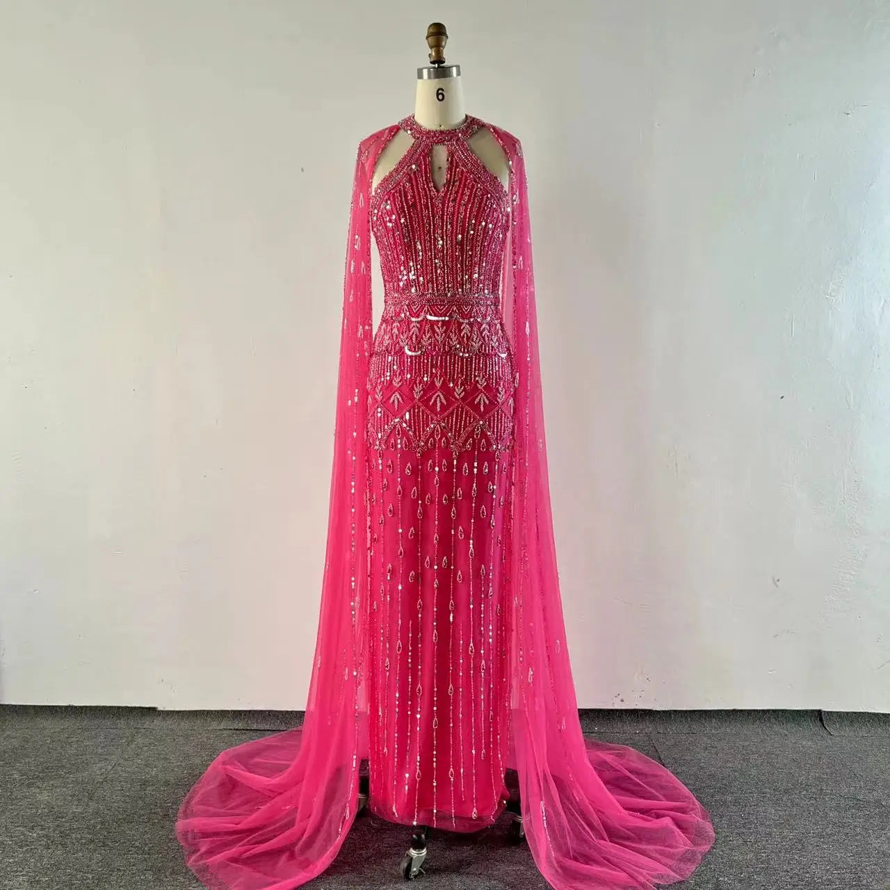 NEW Pink Cape Sleeves Mermaid  Beaded Elegant Evening Dresses Luxury Gowns for Women Arabic Party