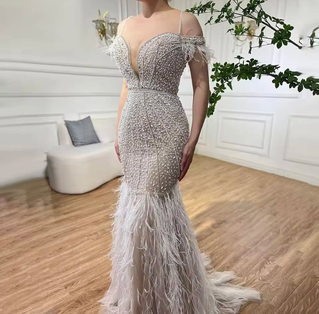 Luxury Feather White Nude Prom Evening Dresses Elegant Long Women's Wedding Party Dress