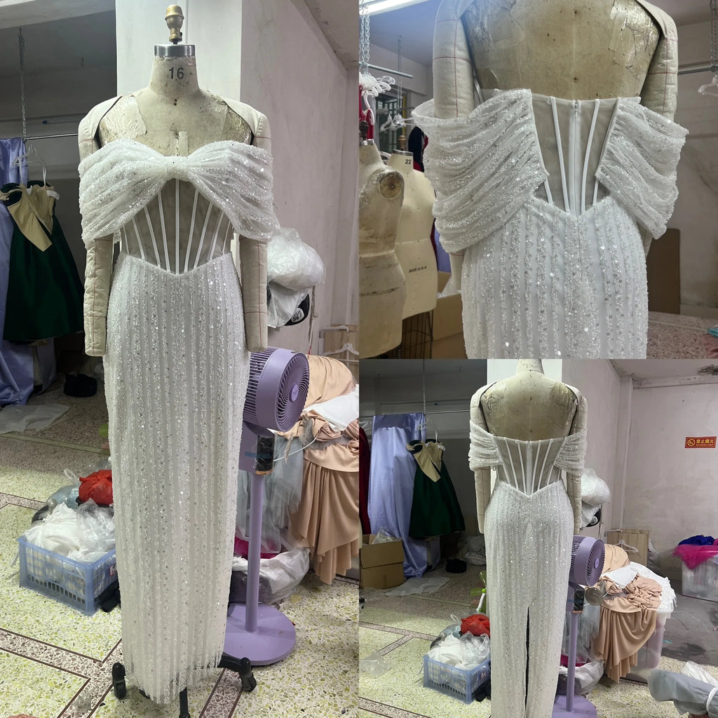 Luxury Dress Women Celebrity Party Wear Sexy V Neck Sleeve Pearl Design Spaghetti Strap Maxi Long Gown