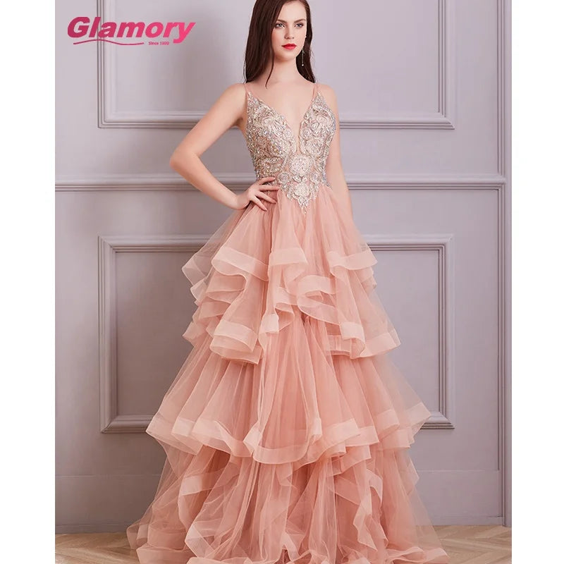 Design 2020 Pink V-Neck Lace Embroidery Dress A-Line Sleeveless Sexy Evening Gowns