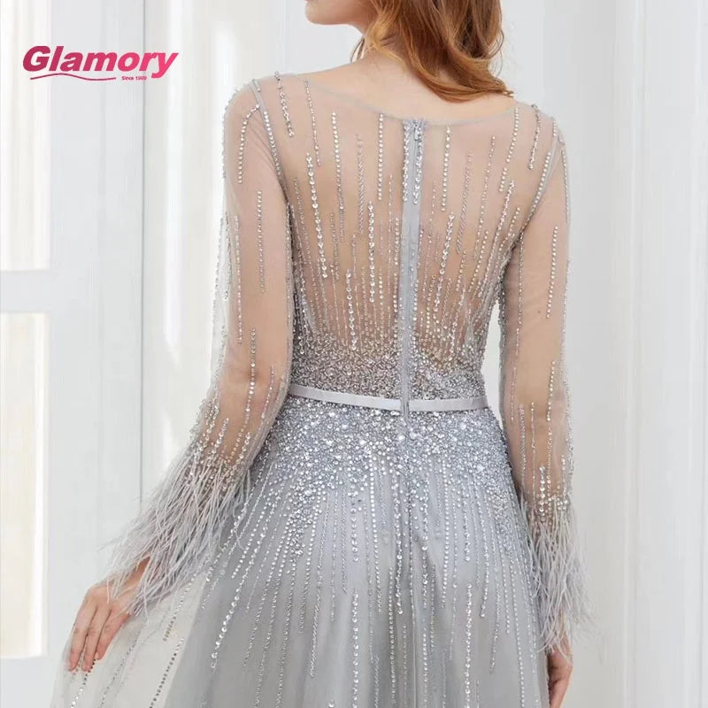 Luxury Beading Long Sleeve a Line Evening Prom Women Elegant Robe De Soiree