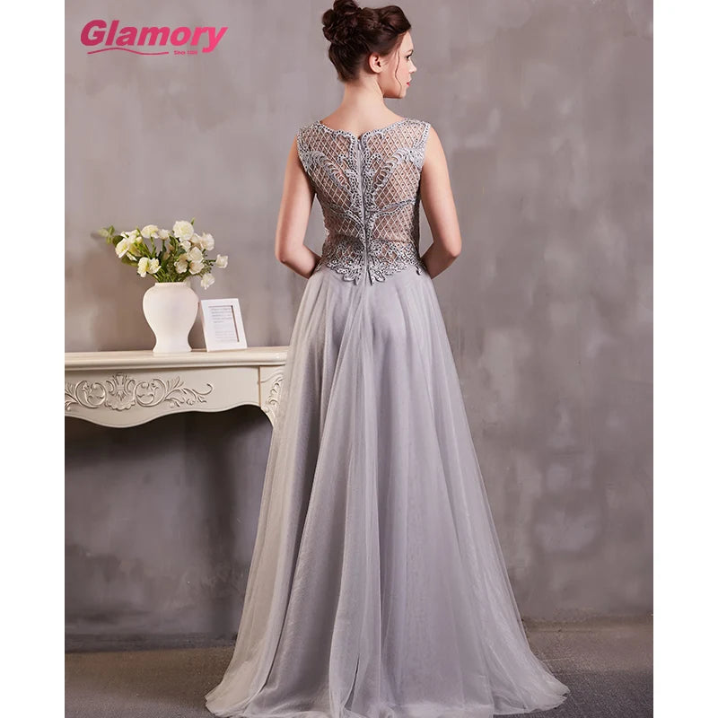 Gray Dresses Long Sexy See Through Lace Appliques Prom O-neck Floor-length Tulle Evening Dress