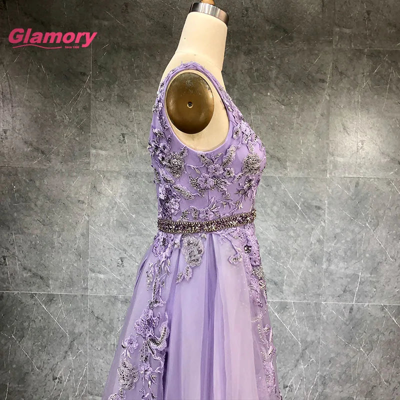 Lavender V Neck Embroidered Ball Gowns Beaded Belt A-Line Ladies Evening Dress Luxury Prom Dresses for Party