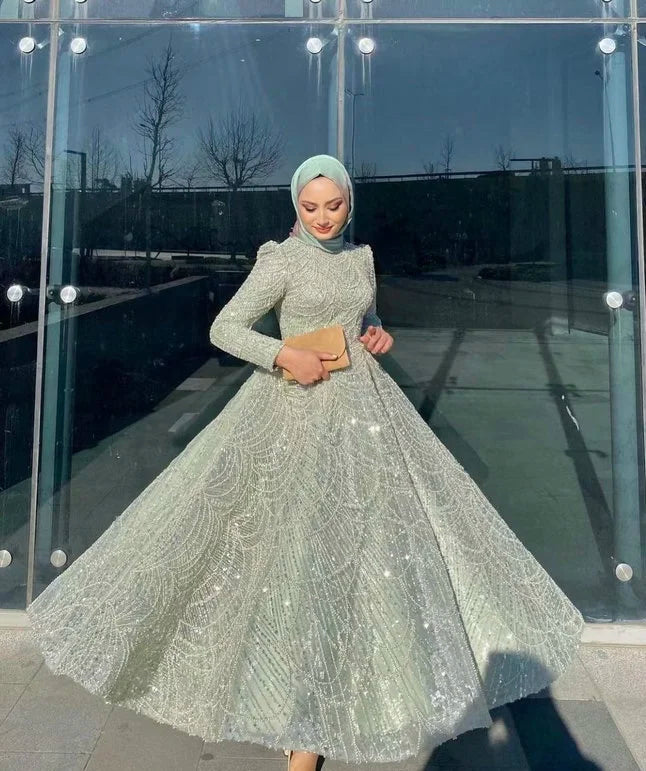 Muslim Glitter Sequined Evening Dresses Organza Formal Party Prom Gowns Long Sleeves Luxury Dubai Vestido De Fiesta