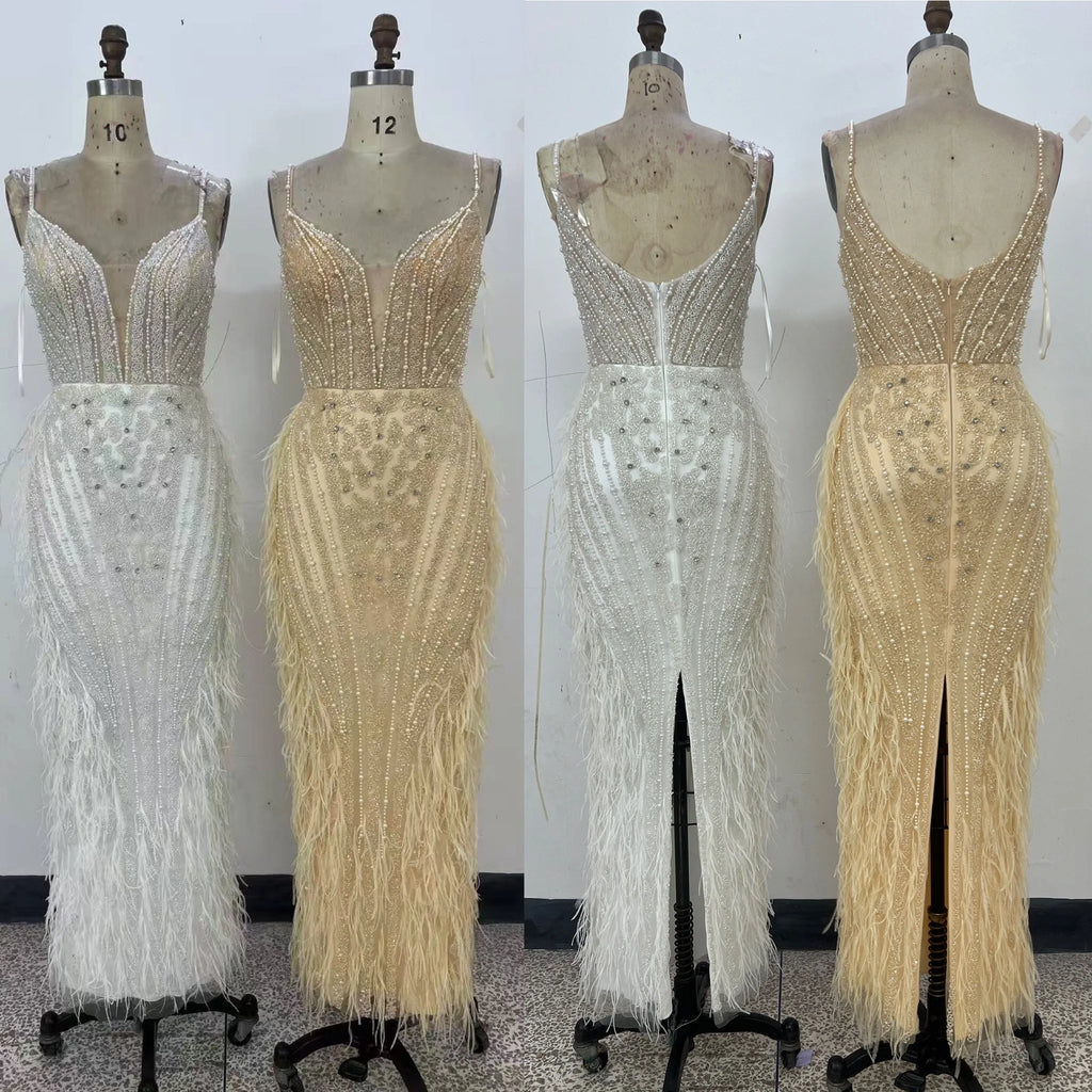 White Nude Mermaid Spaghetti Strap Beaded Feather Evening Dresses Prom Gowns for Woman Wedding Party