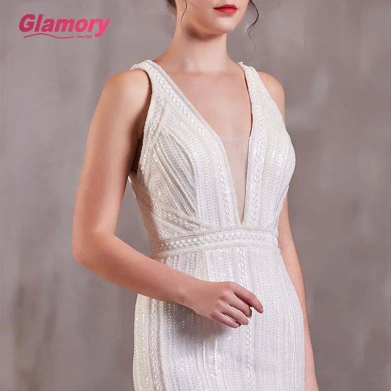 Whit Bridal Gowns v Neck Sleeveless Mermaid Lace Wedding Dresses Made in China