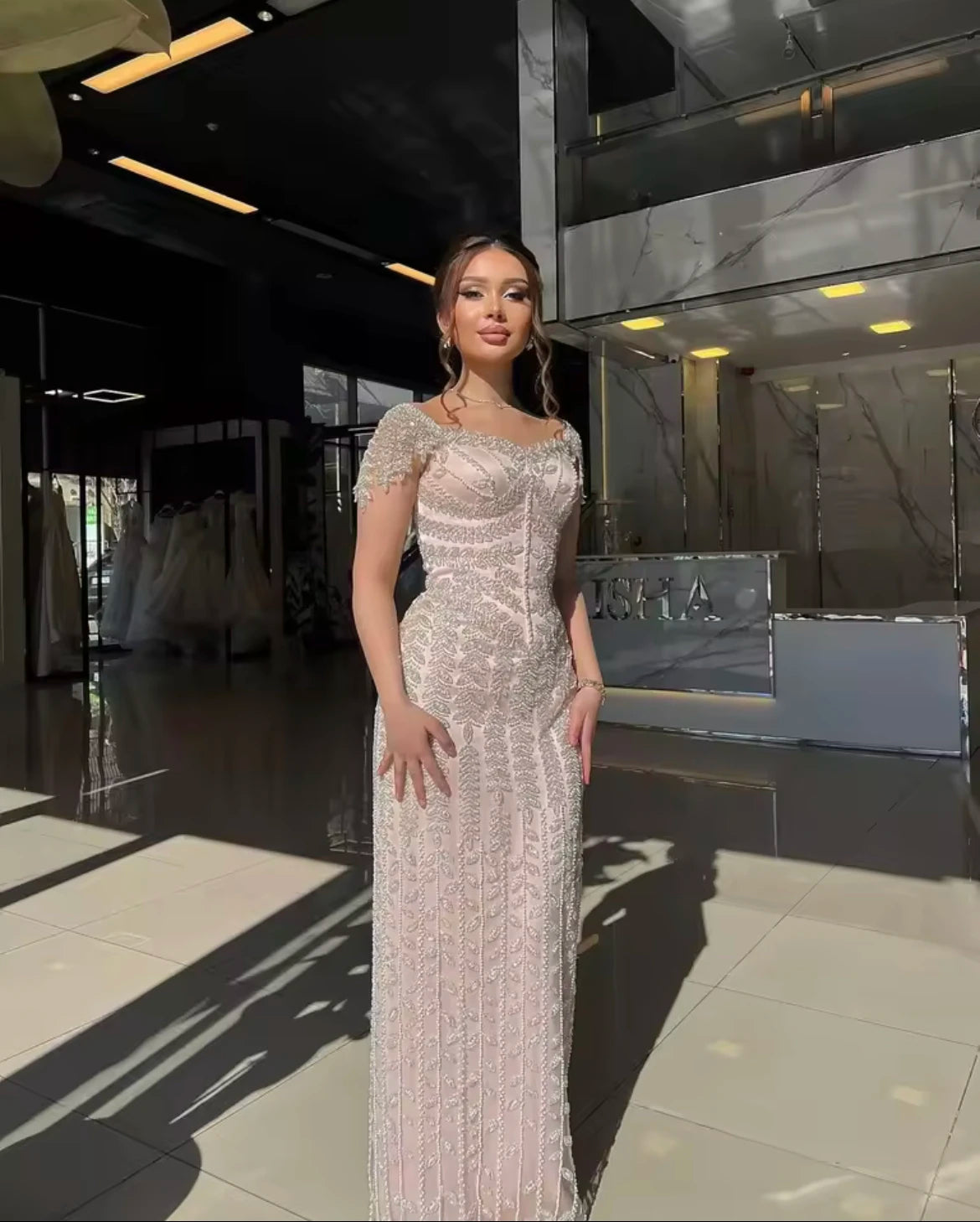 Saudi Arabic Luxury Tassel Straight Evening Dress for Women Wedding Formal Party Gowns