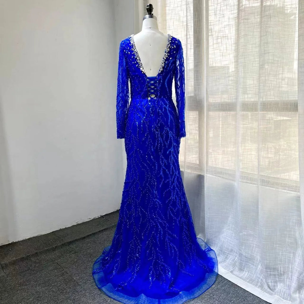 NEW 2024 Luxury Long Sleeve Woman Wedding Party Gowns Pearls Beaded Arabic Elegant Evening Dress