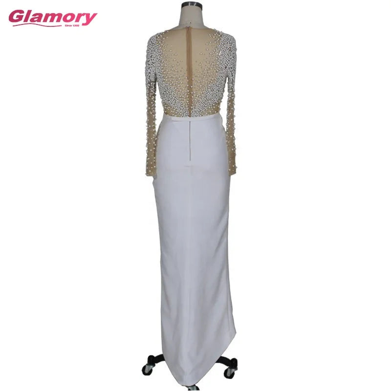 2020 New Women's Long Sleeve Vestido De Novia Pearl Split Wrapped Evening Dress O Neck African Women Formal Gowns