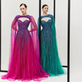2024 Fuchsia Cape Sleeves a Line Beaded Evening Dresses Long Celebrity Gowns for Woman Wedding Party