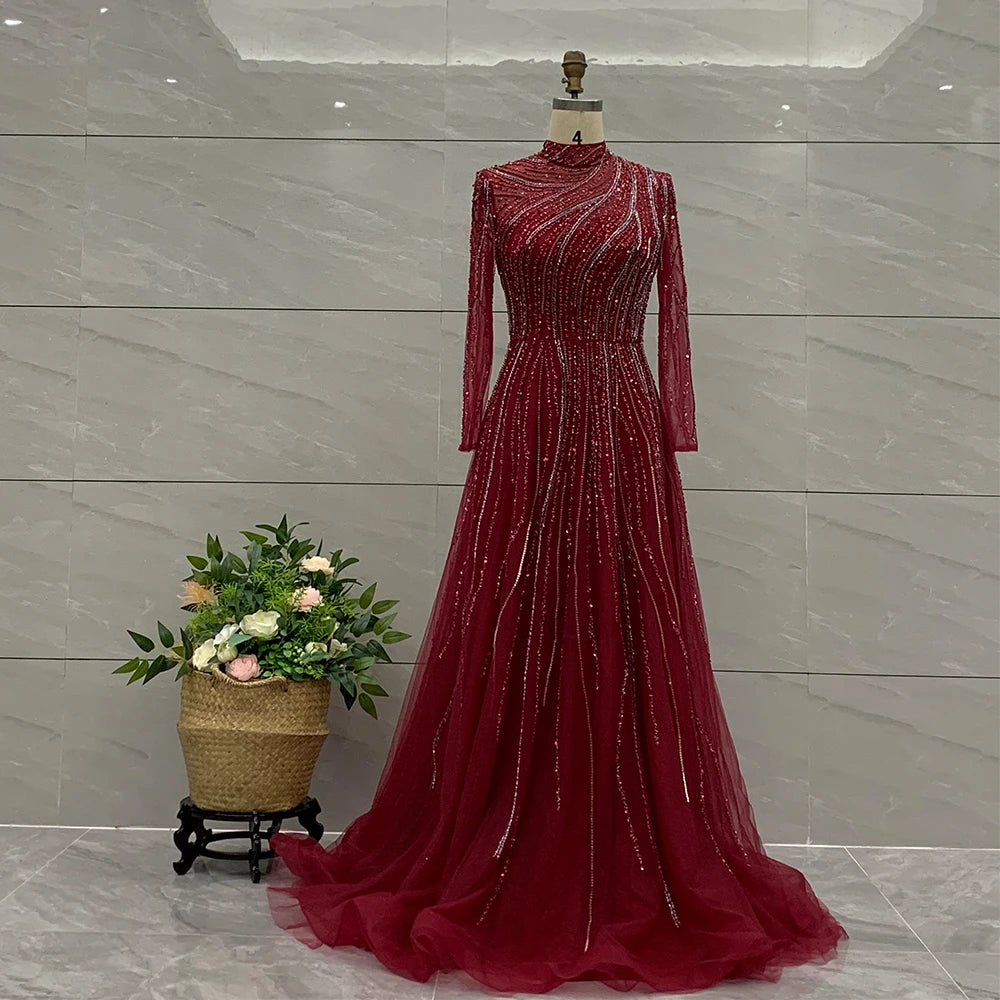 2020 New Arrival Long Sleeve Evening Dresses High Neckline Beaded Fancy Party Evening Gown for Women