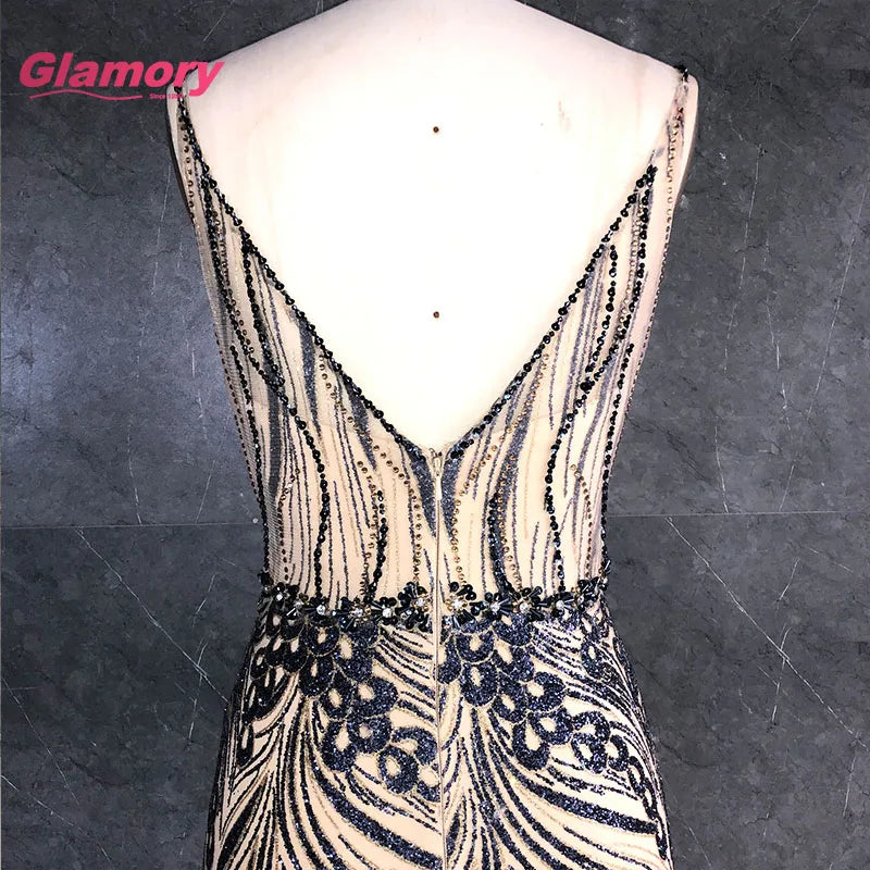 2020 Latest Design Sequin Fishtail Evening Sexy Spaghetti V-neck Open Back Long Maxi Prom Dress