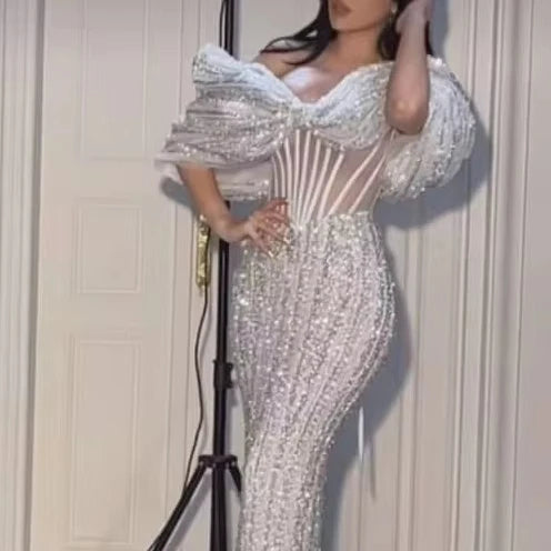 Luxury Dress Women Celebrity Party Wear Sexy V Neck Sleeve Pearl Design Spaghetti Strap Maxi Long Gown