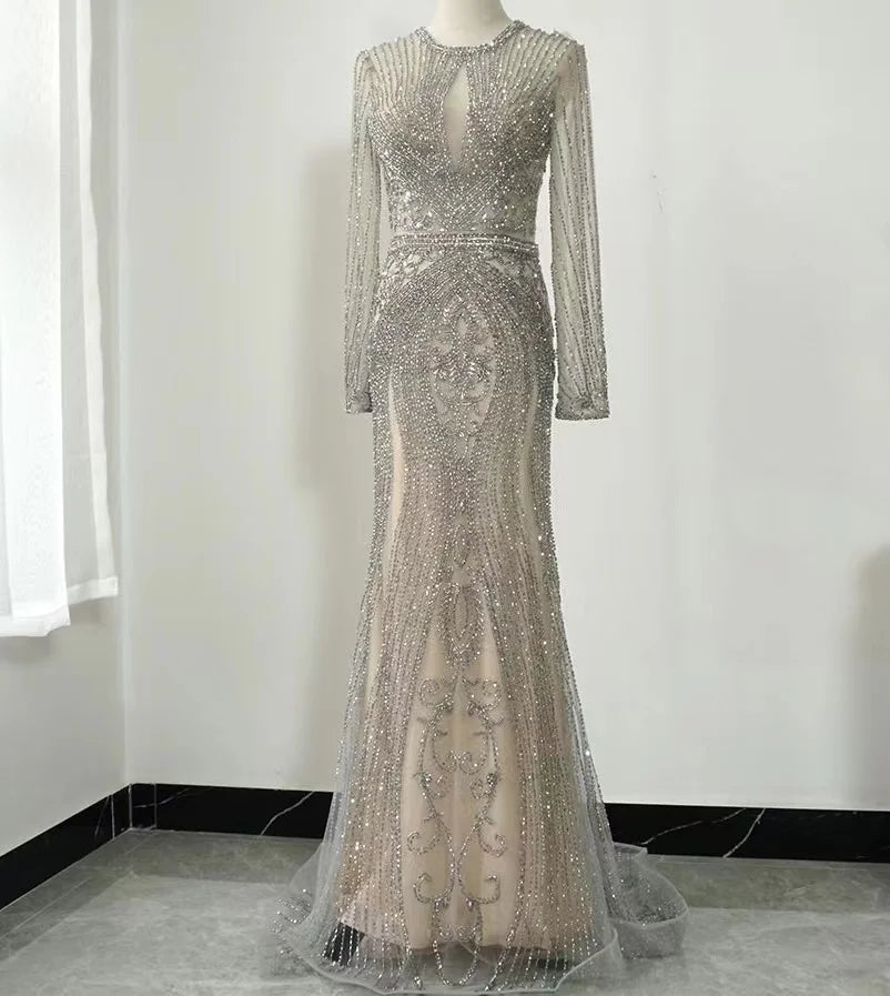 Dubai Long Sleeves Silver Grey Luxury Evening Dresses O-Neck Full Diamond Mermaid Formal Dress