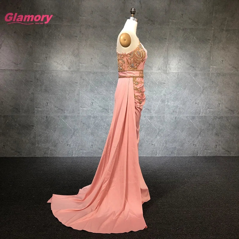 New Custom Luxury Handmade Beading With Pleated One-shoulder Women Wrap Dresses Sexy Satin Evening Dresses