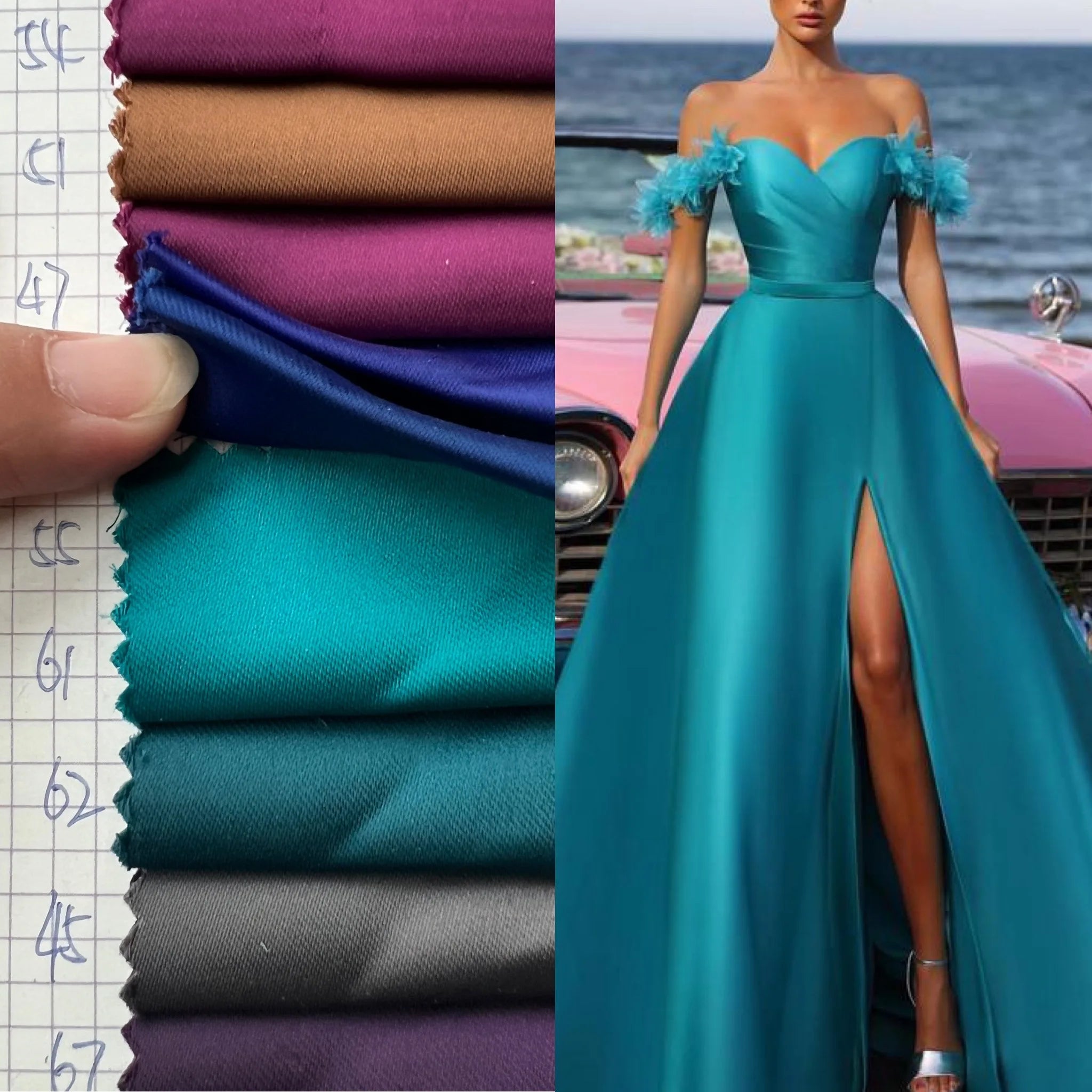 Blue 3D Flower Strapless Natural A-line Sexy High Front Slit Matte Satin Evening Dresses/formal Gowns