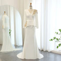 Elegant White Mermaid  MuslimEvening Dress With Long Sleeves Gold Beaded Arab Muslim Women Wedding Party Gowns