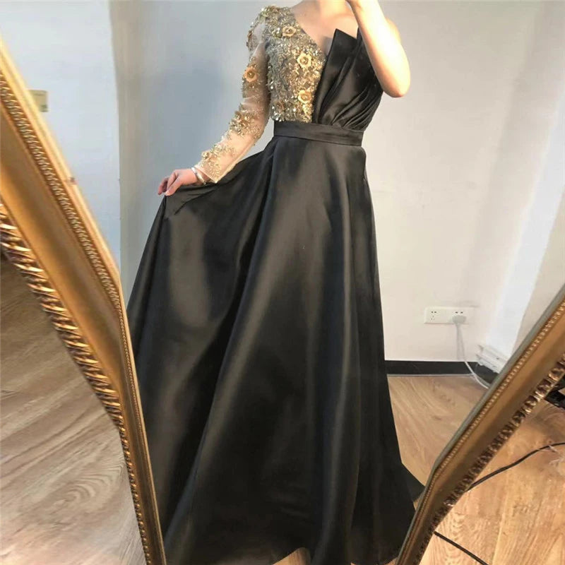 Burgundy One Shoulder Sexy Evening Handmade Flowers a Line Satin Prom Dress Ladies Long Formal Gown