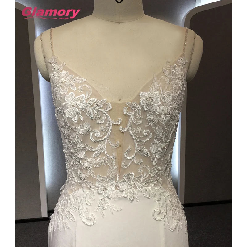 White Lvory Wholesale Cheap Mermaid Gown Satin Chiffon Lace Applique Bride Gowns Spaghetti Strap Illusion Sexy Wedding Dress