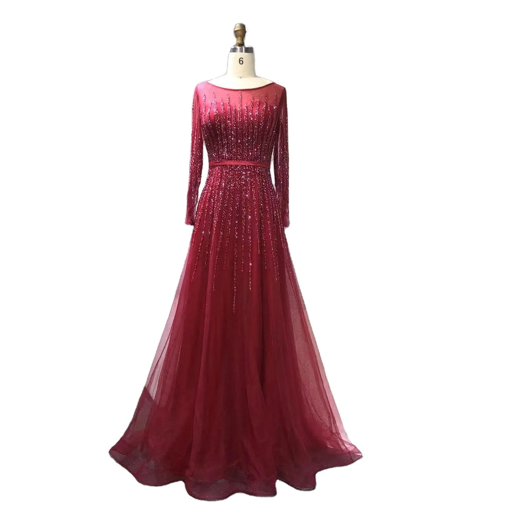 Elegant Muslim a Line Beaded Luxury Dubai Long Evening Dresses Gowns 2024  for Woman Wedding Party Dress