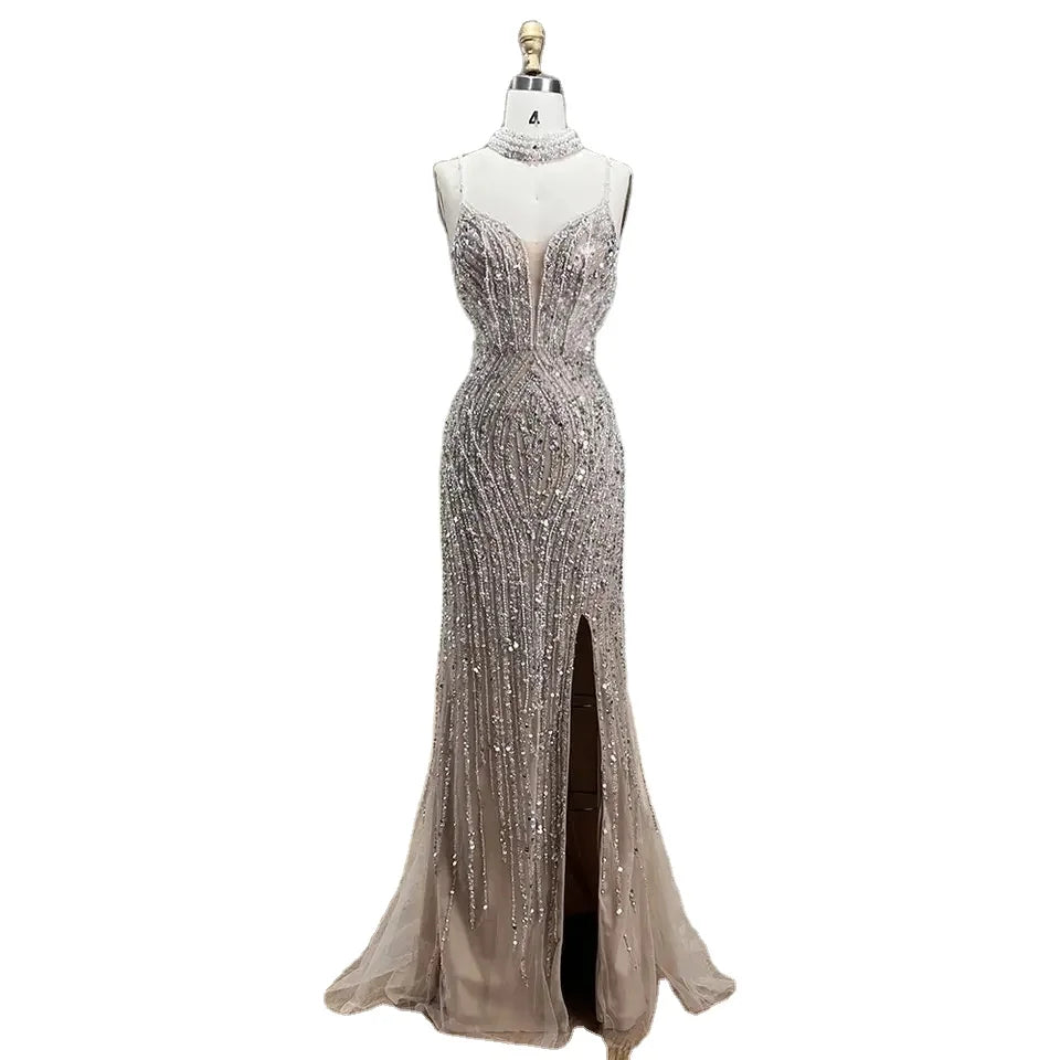 Caramel Mermaid Spaghetti with Split Strap Beaded Evening Dresses Prom Gowns Customize Party 2025