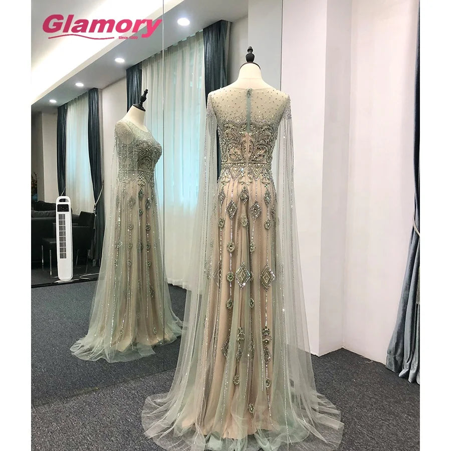 Latest OEM Factory Luxury Evening Elegant O-Neck Long Sleeves With Flutter Sleeves Crystal Beading Mermaid Prom Dress