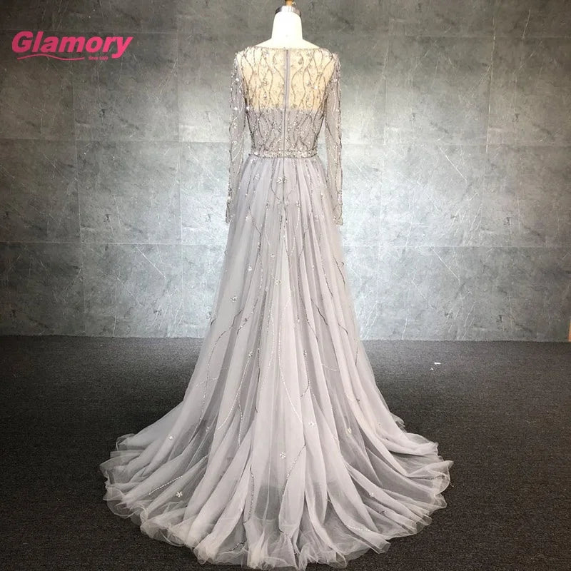 Hot Sale New Design Tulle Prom Dress Long Sleeve  Evening Dresses With Crystal Beading