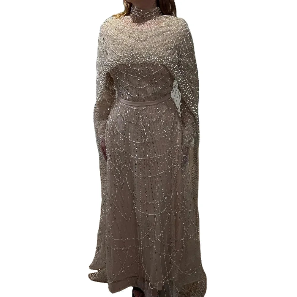Muslim A-Line Beaded Luxury Arabic Evening Dress Gown 2025 Pearls Evening Dresses With Cape Women Wedding Party Gowns