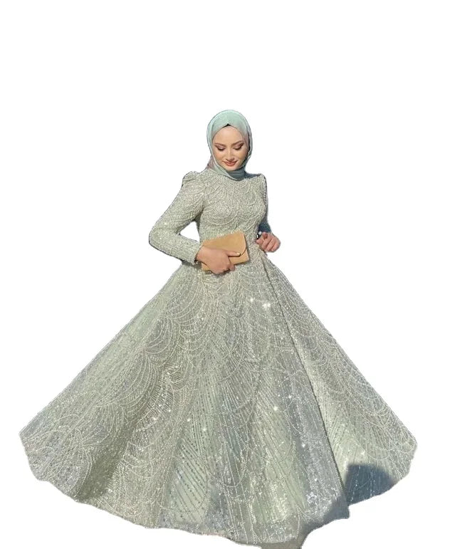 New Elegant Dubai Peals Evening Dress for Women High Neck Long Sleeves A-line Ankle Length Formal Prom Wedding Party Gowns