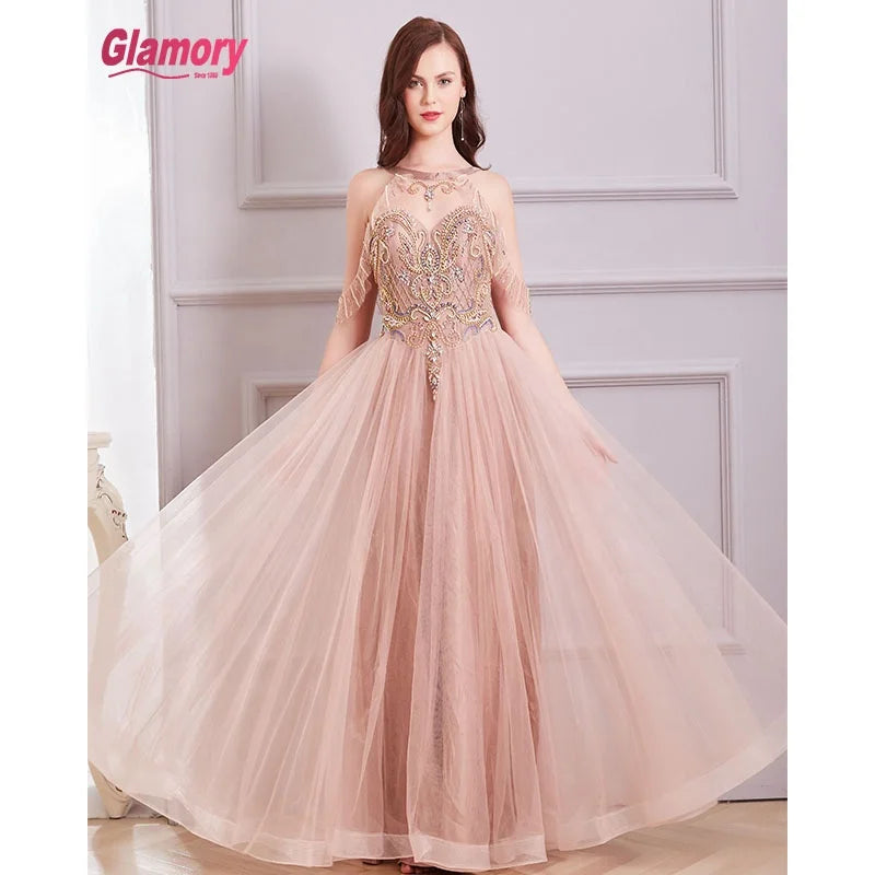 O-Neck Evening Dress  Off Shoulder Beads Handmade Tulle Party Dress