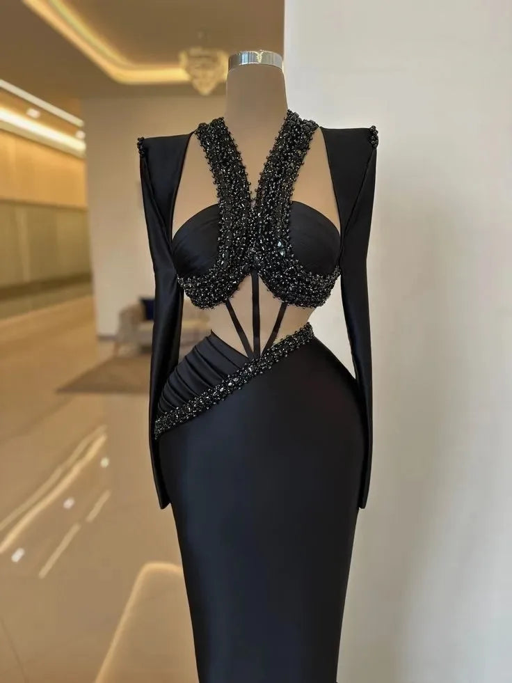 Elegant Black Long Celebrity Party Dress Customized Beaded Evening Prom Formal Occasion Dresses Robe De Soiree 2025