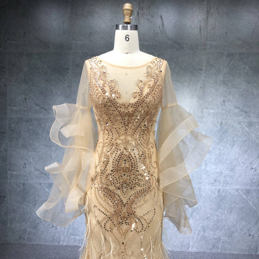 2020 New Arrival Beading Mermaid Ruffle Sleeve Evening Dresses Party Dress for Women Dress